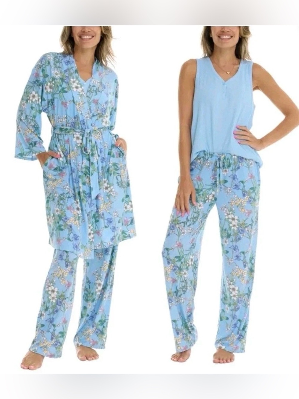 Flora Nikrooz Light Blue Floral Robe, Tank & Pajama Set